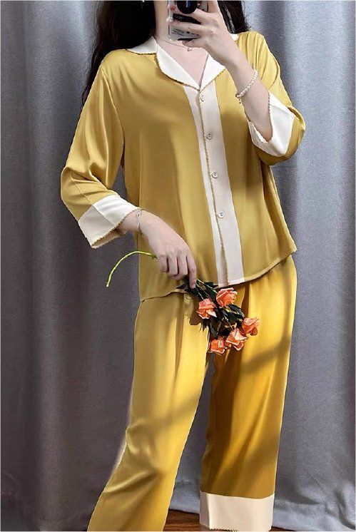 Bộ pyjama lụa dài tay TD69 phối viền sang trọng – Shury Store Home Wear – mềm mát, mặc nhà cao cấp