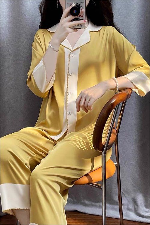 Bộ pyjama lụa dài tay TD69 phối viền sang trọng – Shury Store Home Wear – mềm mát, mặc nhà cao cấp
