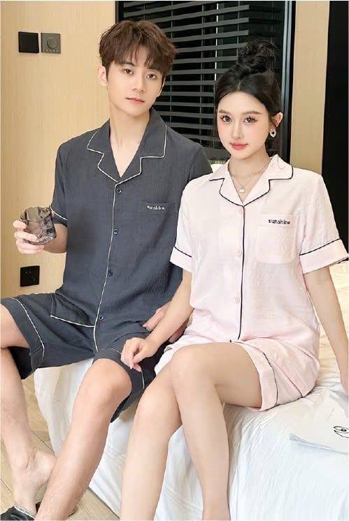 Đồ ngủ đôi Shury Store CTN04 nam nữ đồ bộ ngủ Pyjama couple tay ngắn quần ngắn chất lụa băng cao cấp