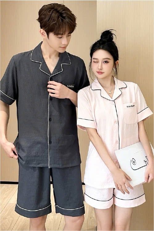 Đồ ngủ đôi Shury Store CTN04 nam nữ đồ bộ ngủ Pyjama couple tay ngắn quần ngắn chất lụa băng cao cấp