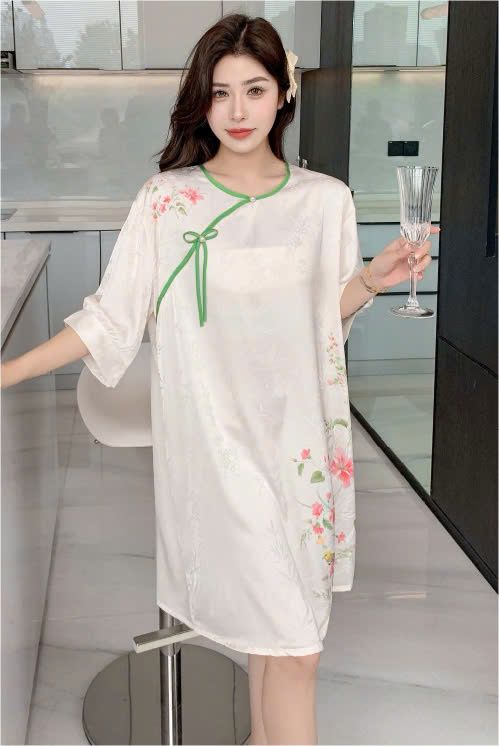 Váy ngủ sơmi lụa in hình SM12 Shury Store freesize đầm mặc nhà suông rộng mềm mại thoáng mát cao cấp