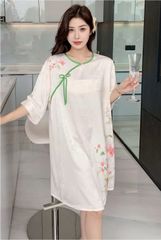 Váy ngủ sơmi lụa in hình SM12 Shury Store freesize đầm mặc nhà suông rộng mềm mại thoáng mát cao cấp