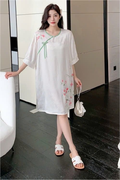 Váy ngủ sơmi lụa in hình SM12 Shury Store freesize đầm mặc nhà suông rộng mềm mại thoáng mát cao cấp