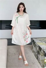 Váy ngủ sơmi lụa in hình SM12 Shury Store freesize đầm mặc nhà suông rộng mềm mại thoáng mát cao cấp