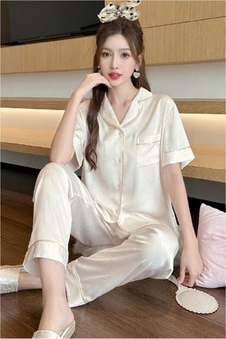 Đồ bộ ngủ nữ pyjama lụa băng Shury Store Home Wear TN44 tay ngắn quần dài màu xanh mặc nhà , mặc ngủ có size 45-75 kg