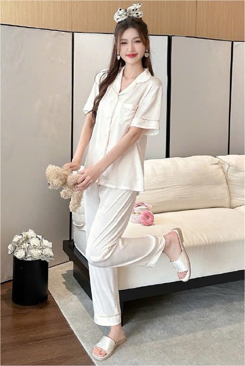 Đồ bộ ngủ nữ pyjama lụa băng Shury Store Home Wear TN44 tay ngắn quần dài màu xanh mặc nhà , mặc ngủ có size 45-75 kg
