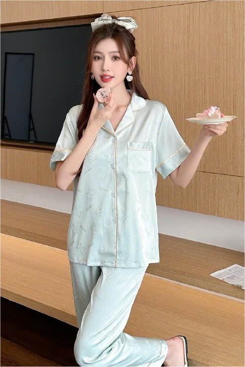 Đồ bộ ngủ nữ pyjama lụa băng Shury Store Home Wear TN44 tay ngắn quần dài màu xanh mặc nhà , mặc ngủ có size 45-75 kg