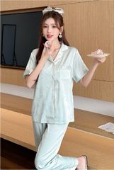 Đồ bộ ngủ nữ pyjama lụa băng Shury Store Home Wear TN44 tay ngắn quần dài màu xanh mặc nhà , mặc ngủ có size 45-75 kg