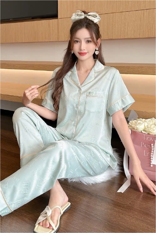 Đồ bộ ngủ nữ pyjama lụa băng Shury Store Home Wear TN44 tay ngắn quần dài màu xanh mặc nhà , mặc ngủ có size 45-75 kg