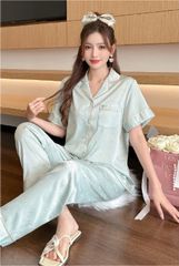 Đồ bộ ngủ nữ pyjama lụa băng Shury Store Home Wear TN44 tay ngắn quần dài màu xanh mặc nhà , mặc ngủ có size 45-75 kg