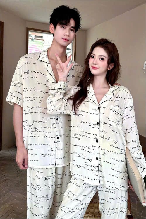 Đồ ngủ đôi Shury Store- DD14 nam nữ đồ bộ ngủ Pyjama couple tay dài quần dài chất lụa băng cao cấp