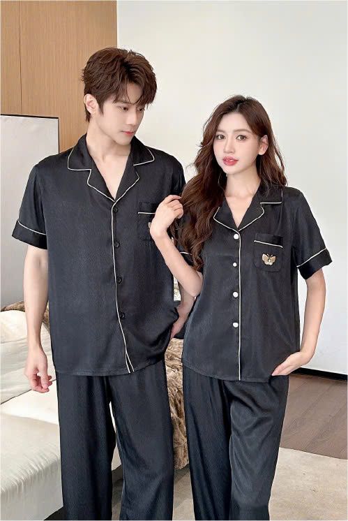Đồ ngủ đôi Shury Store CND10 nam nữ đồ bộ ngủ Pyjama couple tay ngắn quần dài chất lụa xước cao cấp