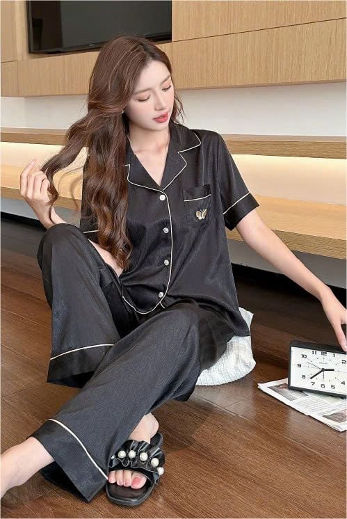 Đồ ngủ đôi Shury Store CND10 nam nữ đồ bộ ngủ Pyjama couple tay ngắn quần dài chất lụa xước cao cấp