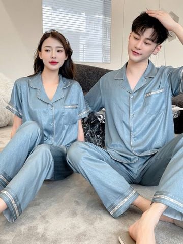 Đồ ngủ pyjama nam nữ Shury Store Home Wear CND22 size 45-95kg màu xanh tay ngắn quần dài bộ đôi couple chất lụa xước mềm