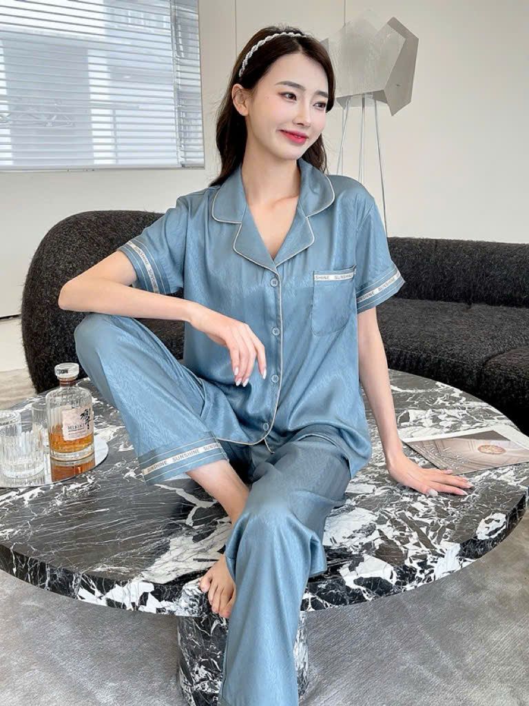 Đồ ngủ pyjama nam nữ Shury Store Home Wear CND22 size 45-95kg màu xanh tay ngắn quần dài bộ đôi couple chất lụa xước mềm
