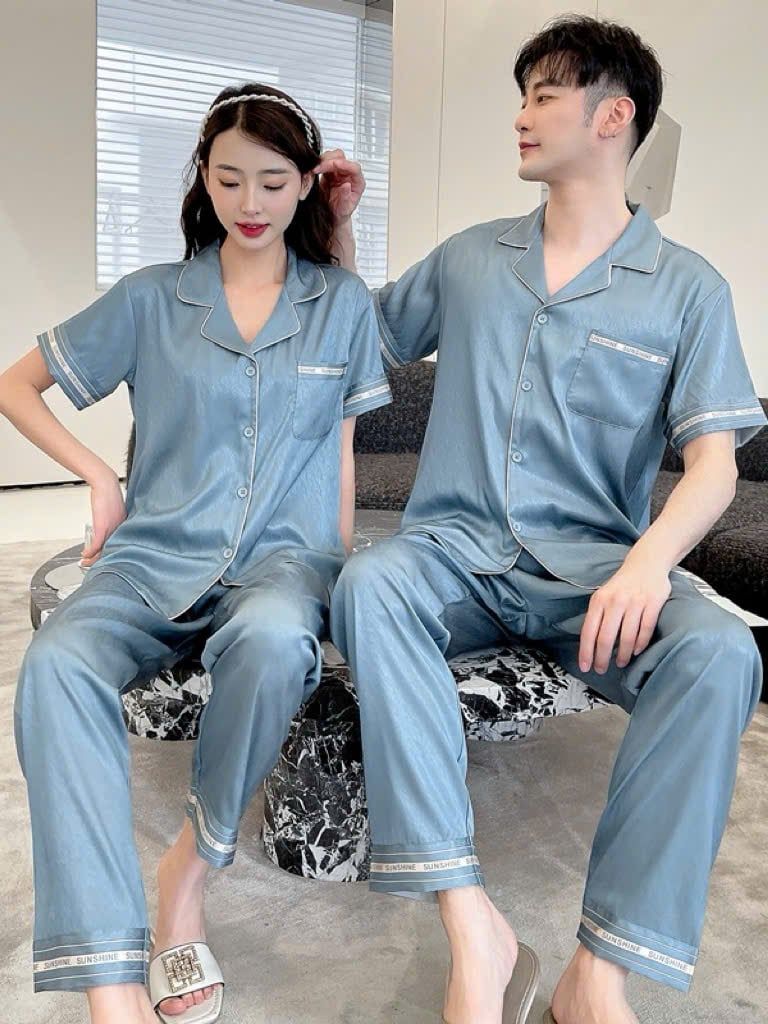Đồ ngủ pyjama nam nữ Shury Store Home Wear CND22 size 45-95kg màu xanh tay ngắn quần dài bộ đôi couple chất lụa xước mềm