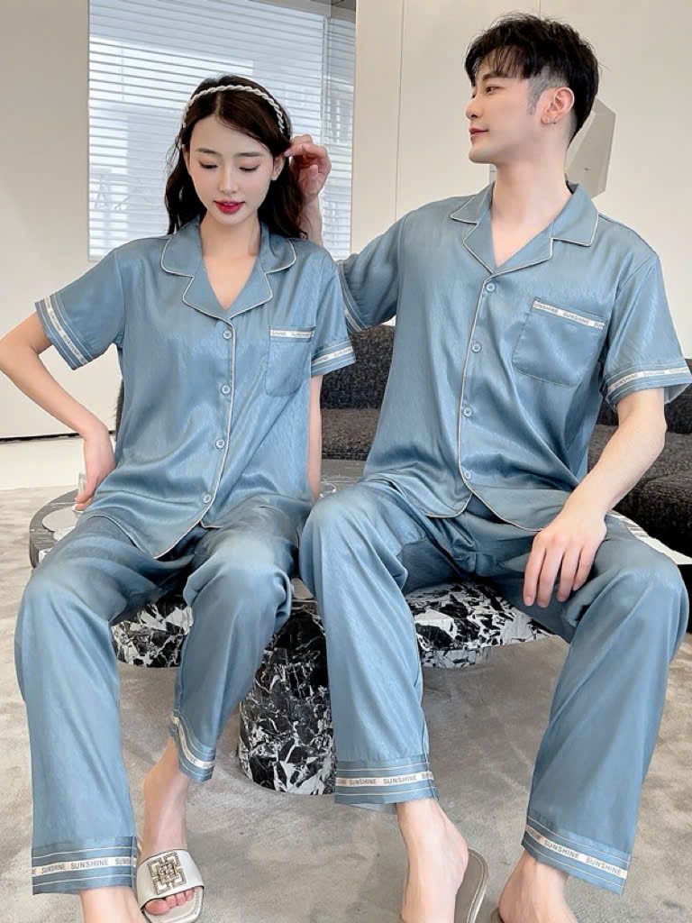Đồ ngủ pyjama nam nữ Shury Store Home Wear CND22 size 45-95kg màu xanh tay ngắn quần dài bộ đôi couple chất lụa xước mềm