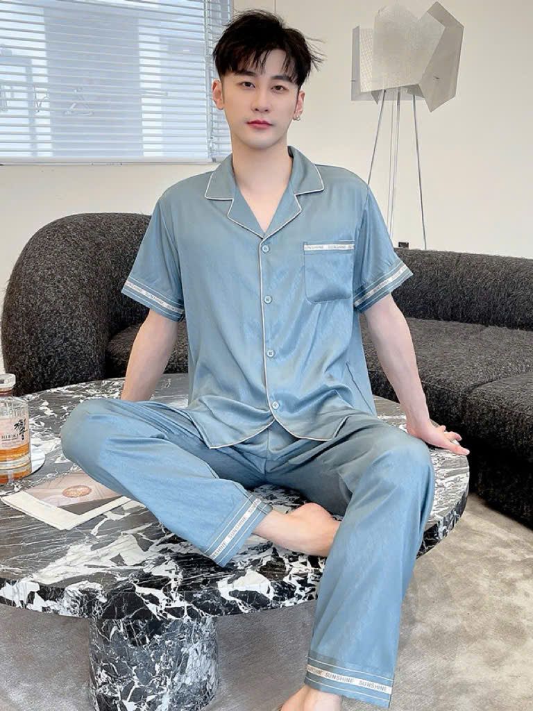 Đồ ngủ pyjama nam nữ Shury Store Home Wear CND22 size 45-95kg màu xanh tay ngắn quần dài bộ đôi couple chất lụa xước mềm