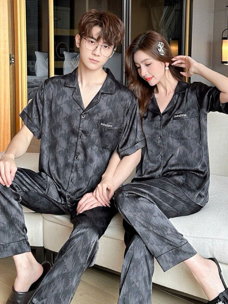 Đồ ngủ pyjama nam nữ Shury Store Home Wear CND23 size 45-95kg màu đen tay ngắn quần dài bộ đôi couple chất lụa băng mềm