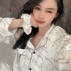 Đồ bộ ngủ nữ pyjama lụa vân xước Shury Store Home Wear TD08 tay dài quần dài màu trắng mặc nhà,mặc ngủ size 45-75kg