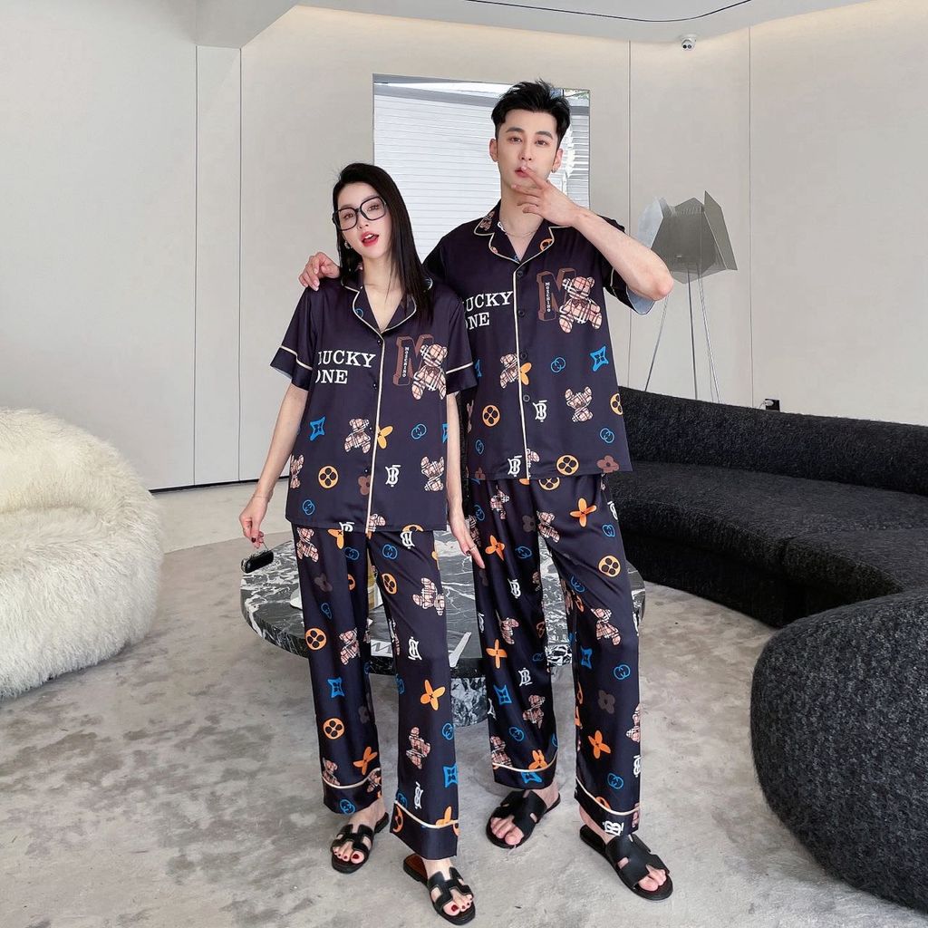 Đồ ngủ pyjama nam nữ Shury Store Home Wear CND27 size 45-95kg màu xanh tay ngắn  bộ đôi couple lụa
