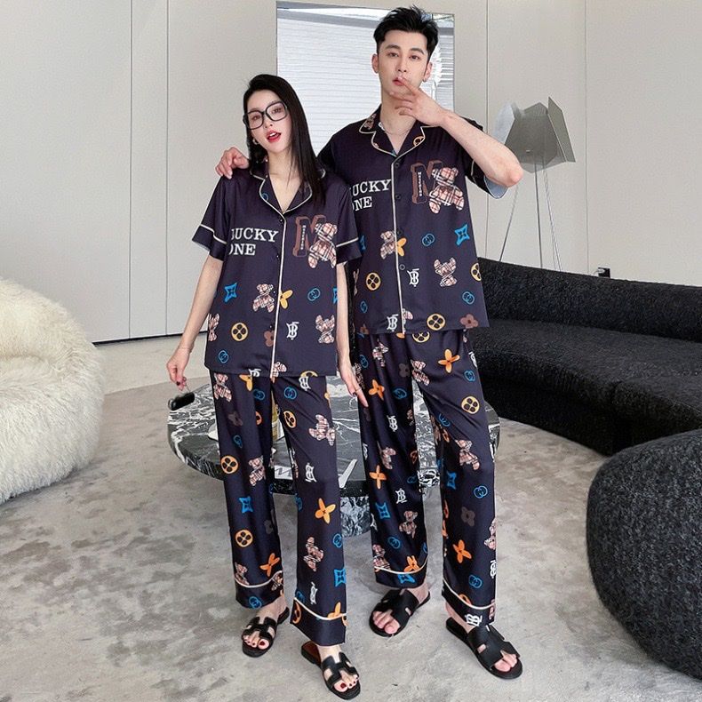 Đồ ngủ pyjama nam nữ Shury Store Home Wear CND27 size 45-95kg màu xanh tay ngắn  bộ đôi couple lụa