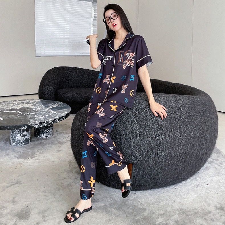 Đồ ngủ pyjama nam nữ Shury Store Home Wear CND27 size 45-95kg màu xanh tay ngắn  bộ đôi couple lụa