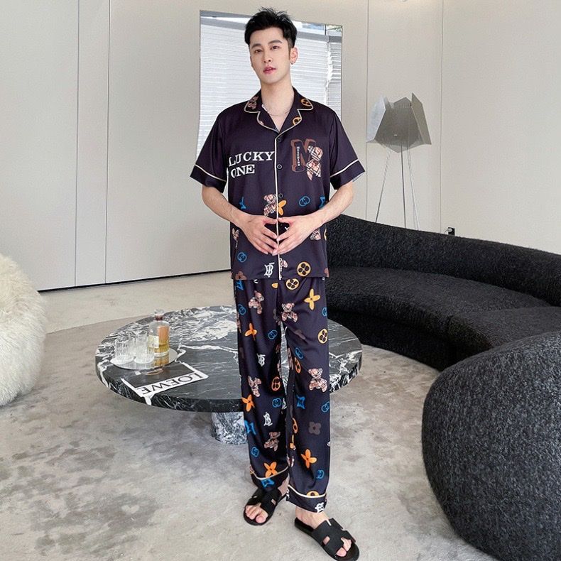 Đồ ngủ pyjama nam nữ Shury Store Home Wear CND27 size 45-95kg màu xanh tay ngắn  bộ đôi couple lụa