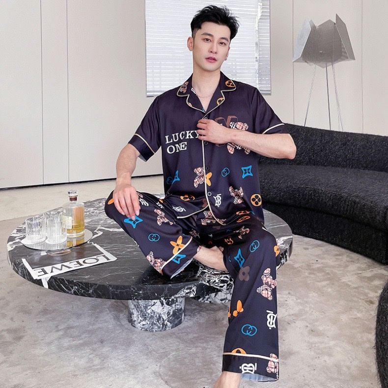 Đồ ngủ pyjama nam nữ Shury Store Home Wear CND27 size 45-95kg màu xanh tay ngắn  bộ đôi couple lụa