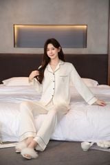 Đồ bộ ngủ nữ pyjama lụa băng trơn Shury Store Home Wear TD80 tay dài quần dài màu trắng đen mặc nhà,mặc ngủ size 45-75kg