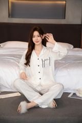 Đồ bộ ngủ nữ pyjama lụa băng trơn Shury Store Home Wear TD53 tay dài quần dài màu trắng  mặc nhà,mặc ngủ size 45-75kg