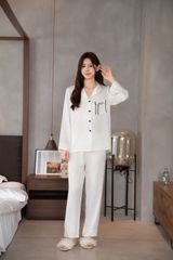 Đồ bộ ngủ nữ pyjama lụa băng trơn Shury Store Home Wear TD53 tay dài quần dài màu trắng  mặc nhà,mặc ngủ size 45-75kg