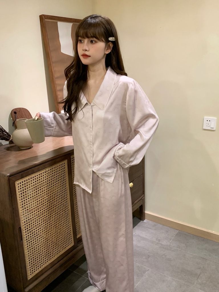Đồ bộ ngủ nữ pyjama lụa băng trơn Shury Store Home Wear TD64 tay dài quần dài mặc nhà size 45-75kg