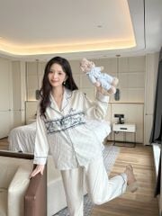 Đồ bộ ngủ nữ pyjama lụa vân xước Shury Store Home Wear TD46 tay dài quần dài màu trắng size 45-75kg