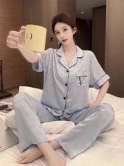 Đồ bộ ngủ nữ pyjama lụa băng Shury Store Home Wear TN16 tay ngắn quần dài màu xanh size 45-75 kg
