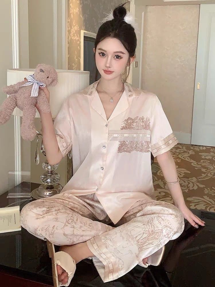 Đồ bộ ngủ nữ Pyjama lụa xước Shury Store Home Wear TN23 tay ngắn quần dài size 45-75 kg mặc nhà
