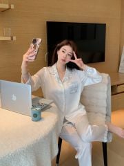 Đồ bộ ngủ nữ pyjama lụa băng trơn Shury Store Home Wear TD65 tay dài quần dài màu trắng  mặc nhà,mặc ngủ size 45-75kg