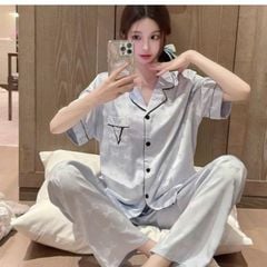 Đồ bộ ngủ nữ pyjama lụa băng Shury Store Home Wear TN16 tay ngắn quần dài màu xanh size 45-75 kg