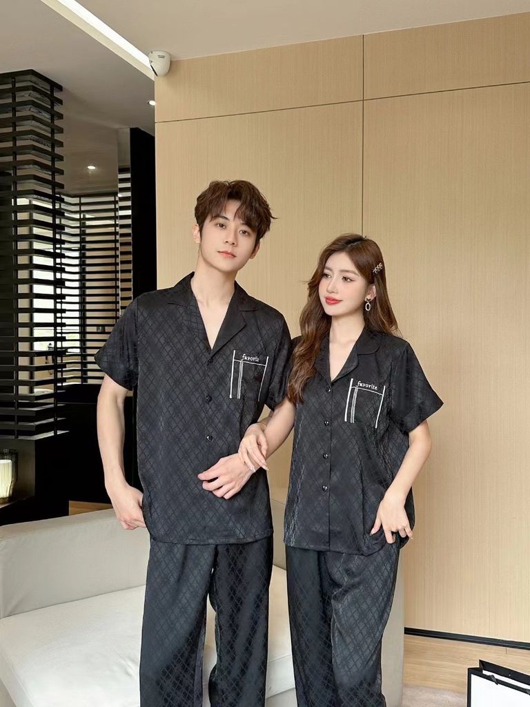 Đồ ngủ pyjama nam nữ Shury Store Home Wear CND28 size 45-95kg màu đen bộ đôi couple lụa mềm
