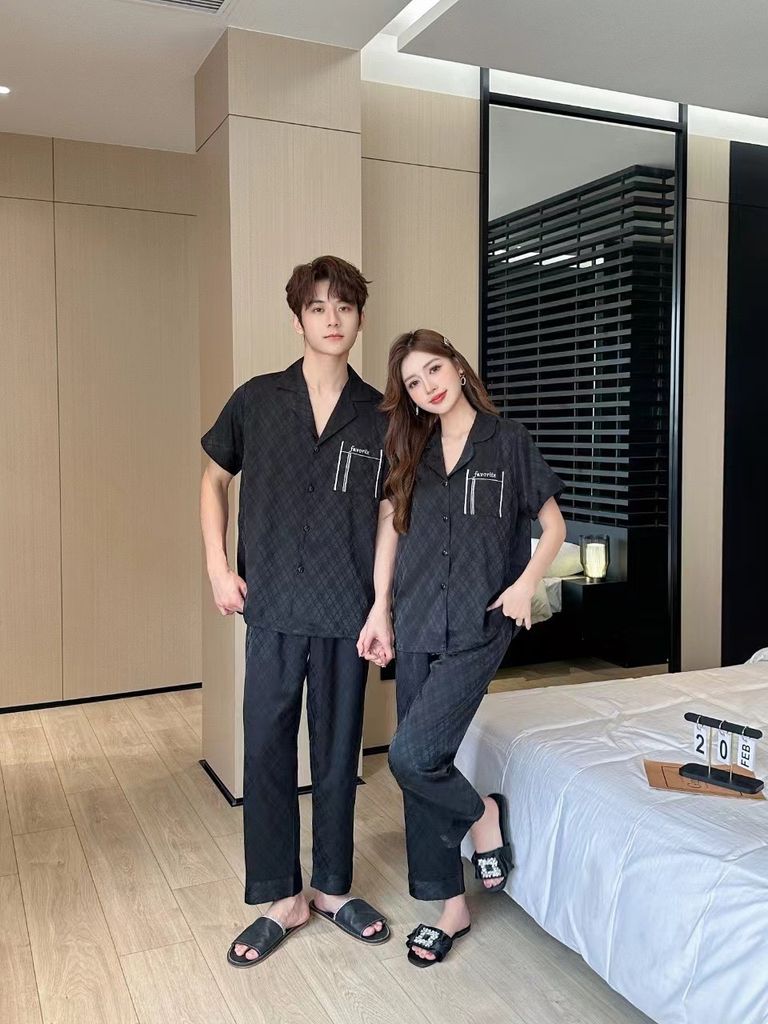 Đồ ngủ pyjama nam nữ Shury Store Home Wear CND28 size 45-95kg màu đen bộ đôi couple lụa mềm