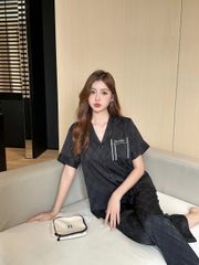 Đồ ngủ pyjama nam nữ Shury Store Home Wear CND28 size 45-95kg màu đen bộ đôi couple lụa mềm
