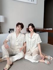 Pijama Đôi Lụa Ngắn Tay Cao Cấp CND2 | SHURY STORE HOME WEAR | Màu Kem Sang Trọng