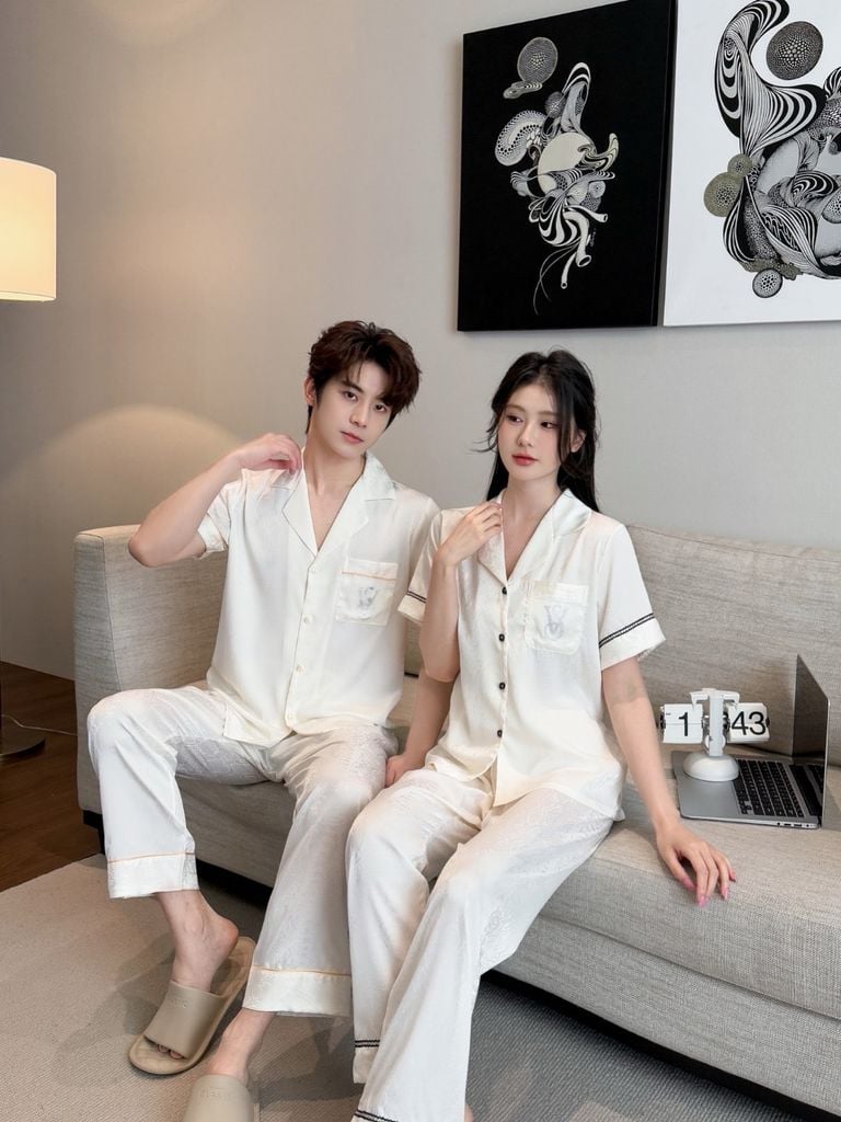 Pijama Đôi Lụa Ngắn Tay Cao Cấp CND5 | SHURY STORE HOME WEAR | Màu Kem Sang Trọng