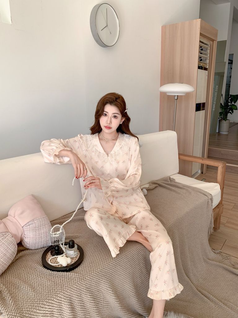 Bộ đồ ngủ nữ lụa băng baby doll TD59 Shury Store Home Wear dáng suông tay dài form rộng 45–75kg