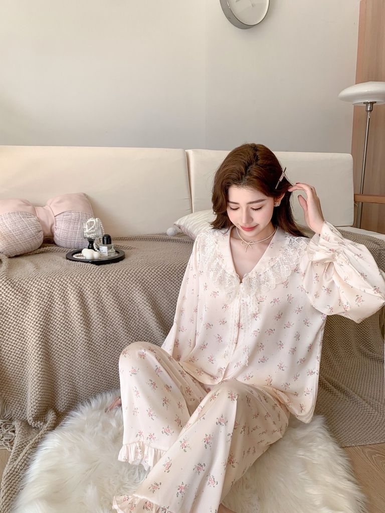 Bộ đồ ngủ nữ lụa băng baby doll TD59 Shury Store Home Wear dáng suông tay dài form rộng 45–75kg