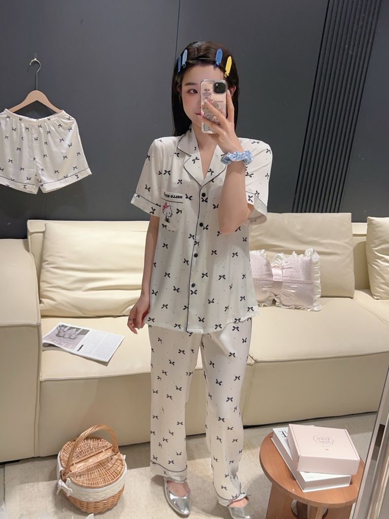 Bộ pyjama lụa băng Shury Store Home Wear họa tiết nơ tặng kèm quần short TN62 đồ ngủ nữ mùa hè