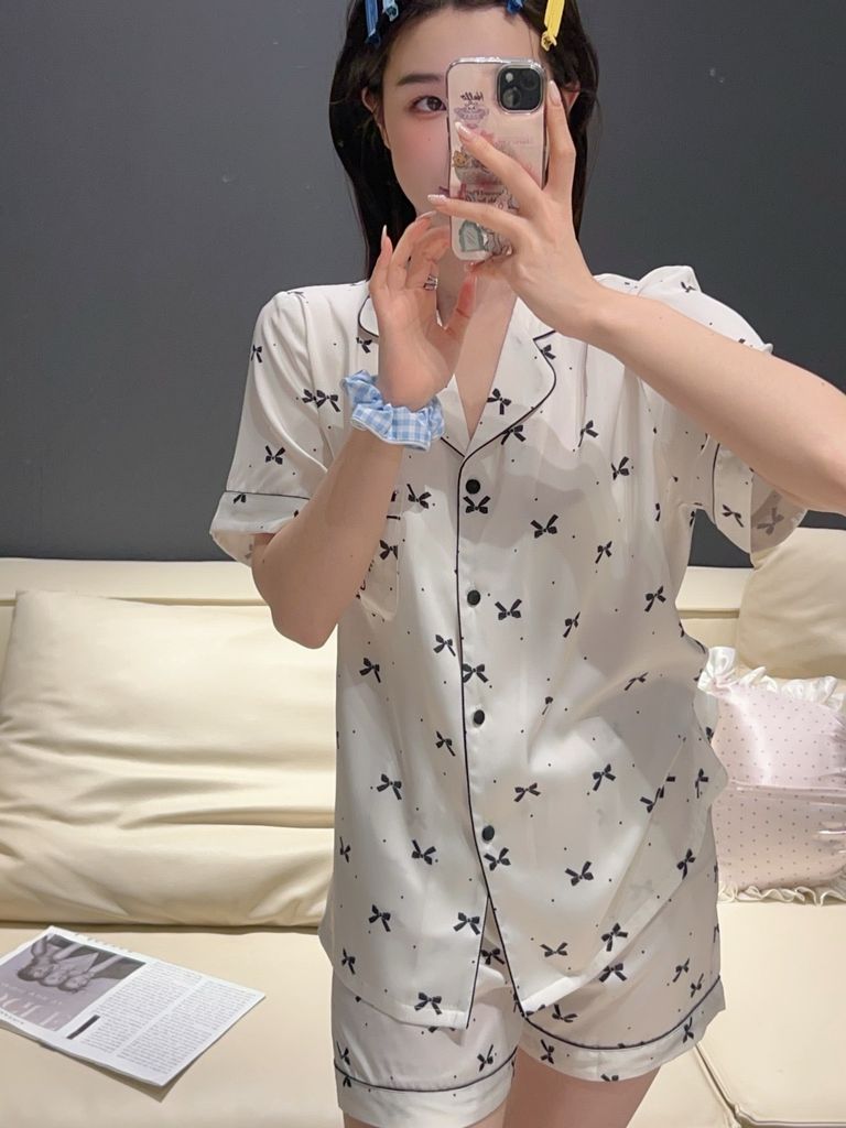Bộ pyjama lụa băng Shury Store Home Wear họa tiết nơ tặng kèm quần short TN62 đồ ngủ nữ mùa hè