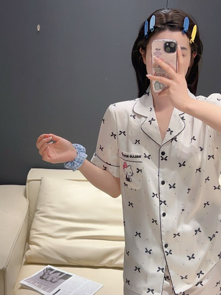 Bộ pyjama lụa băng Shury Store Home Wear họa tiết nơ tặng kèm quần short TN62 đồ ngủ nữ mùa hè