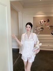 Shury Store Home Wear - Bộ pyjama lụa tay ngắn quần short nơ hồng baby NT28 đồ ngủ nữ dễ thương mát mịn
