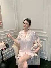 Shury Store Home Wear - Bộ pyjama lụa tay ngắn quần short nơ hồng baby NT28 đồ ngủ nữ dễ thương mát mịn